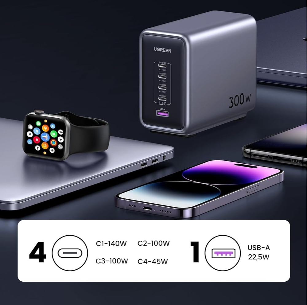 Зарядное устройство 4xUSB C+1xUSB, 300W, Gan, X UGREEN 90903B
