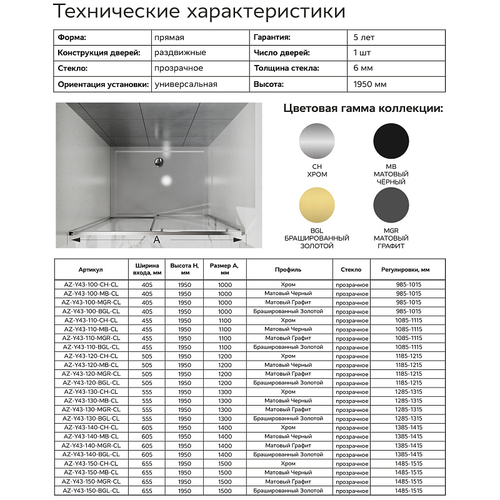 Душевая дверь Azario SHANGHAI раздвижная 120х195, толщина полотна 6мм универсальная, цвет профиля графит матовый