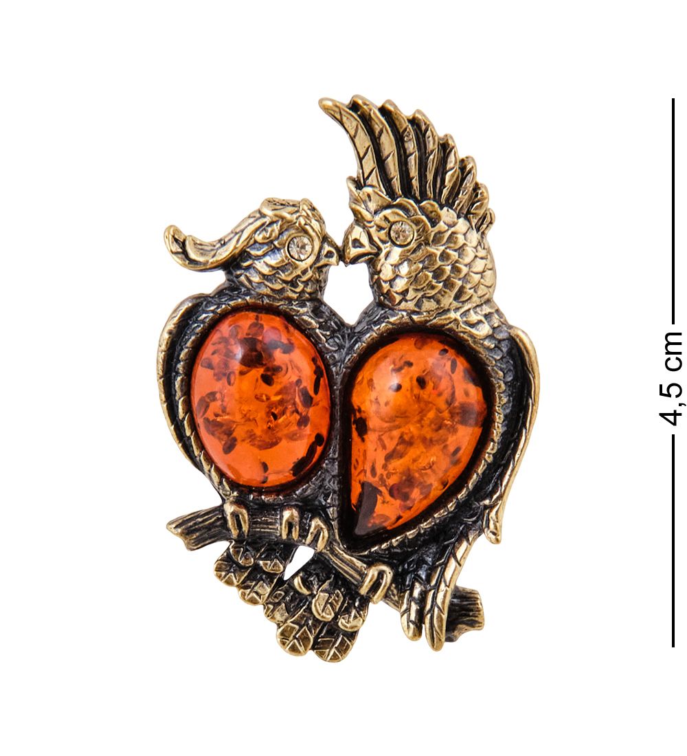AM-3614 Брошь «Попугаи Карелла» (латунь, янтарь)