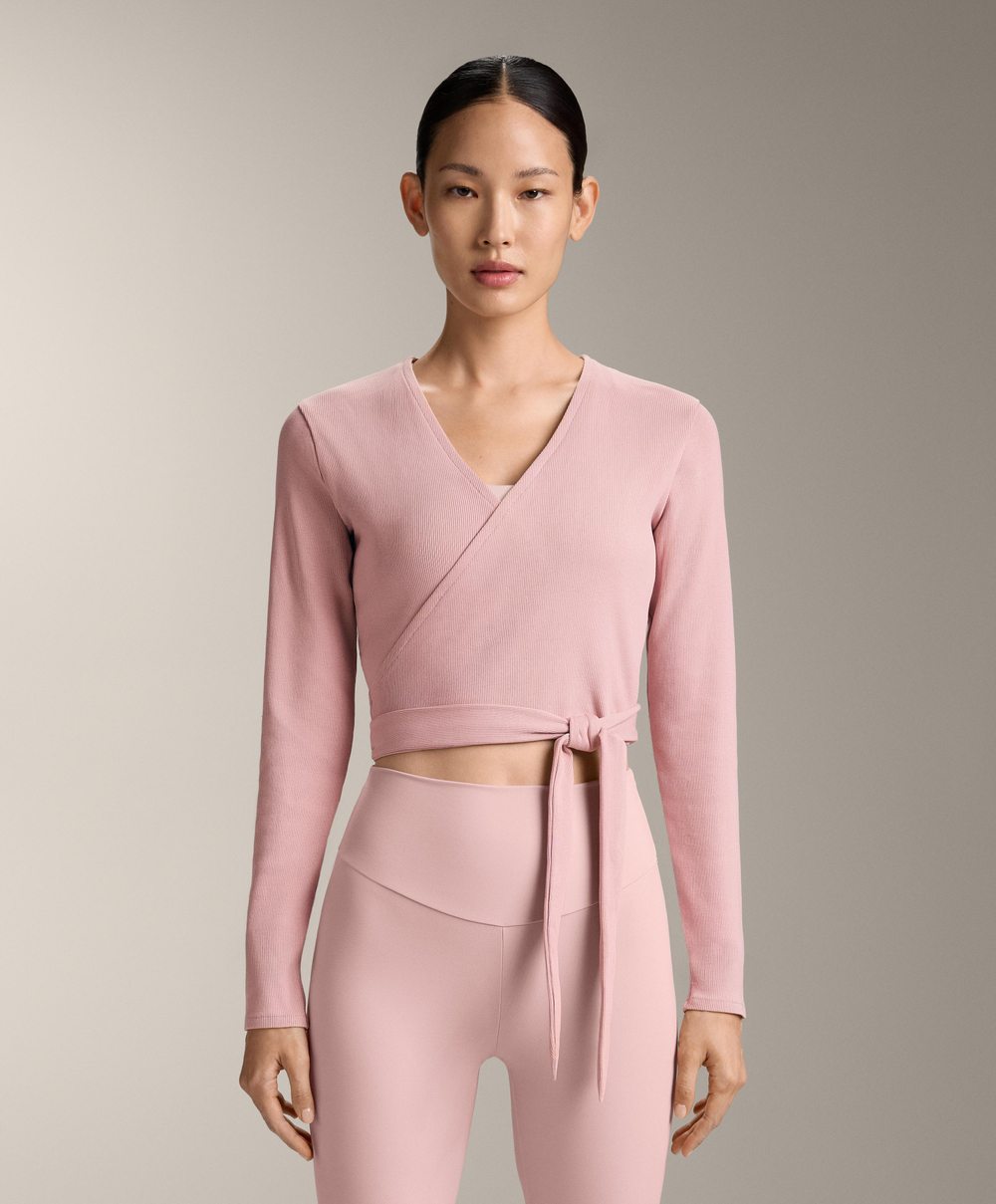 Oysho Футболка с длинными рукавами на запахе в рубчик, розовый