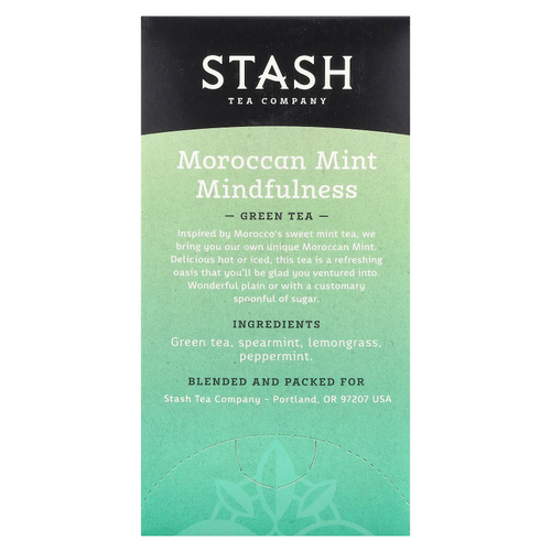 Stash Tea, зеленый чай, марокканская мята и осознанность, 20 чайных пакетиков, 26 г (0,9 унции)