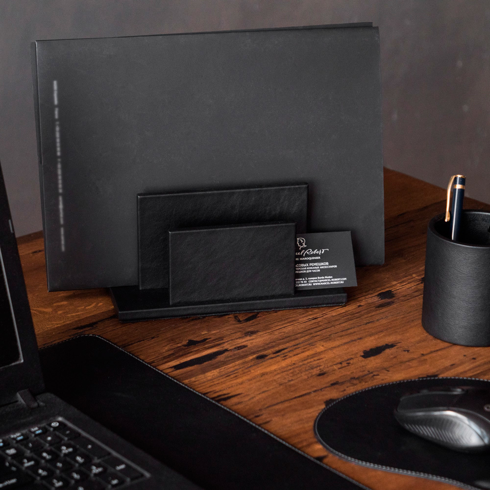Подставка для визиток и бумаг из натуральной кожи теленка, черного цвета
