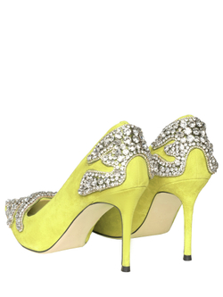 Женские замшевые салатовые туфли со стразами