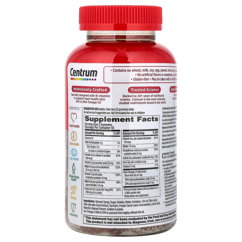 Centrum, Multigummies + Omega-3, натуральная клубника, лимон и апельсин, 110 жевательных таблеток