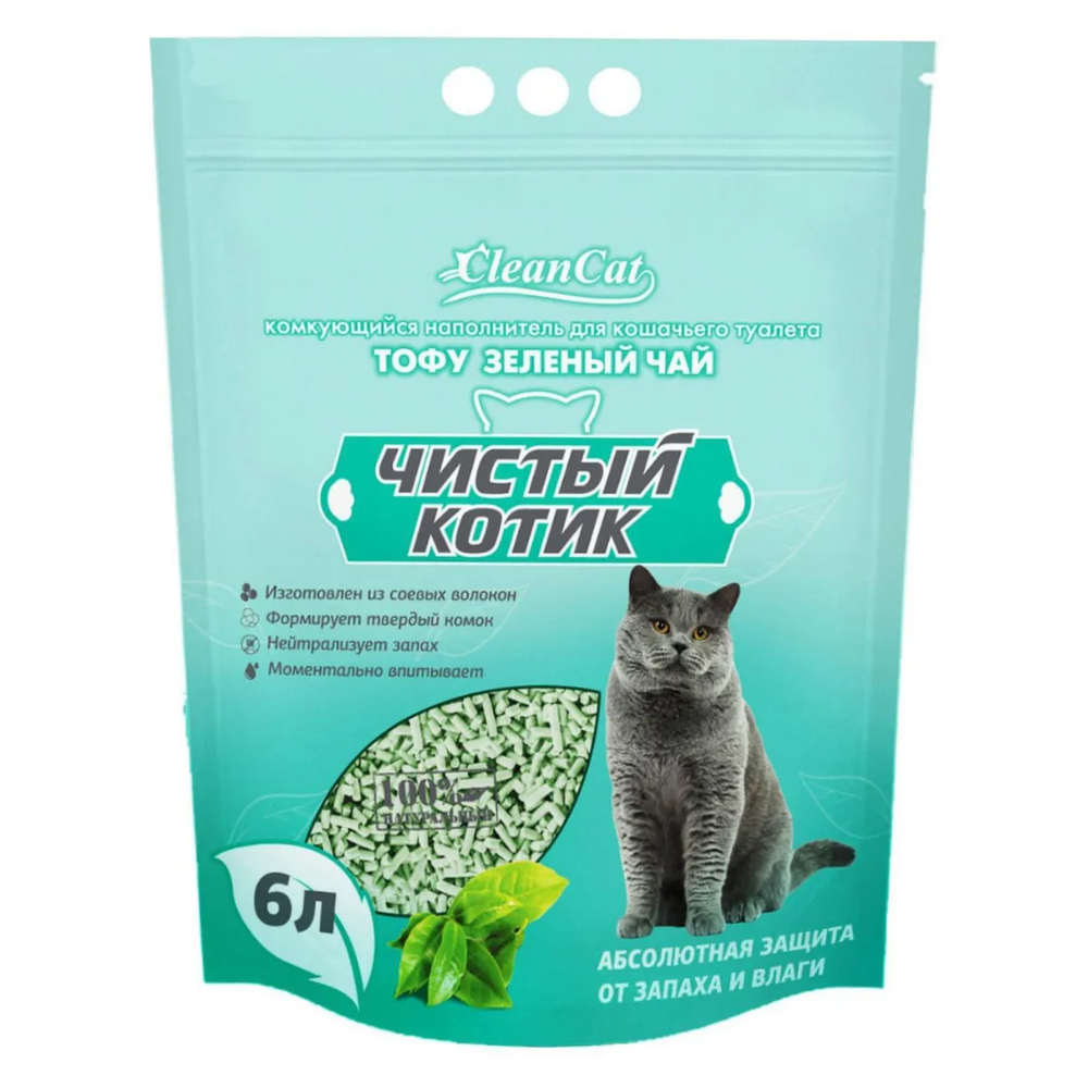 Наполнитель Чистый котик 12л Тофу Зелёный чай комкующийся