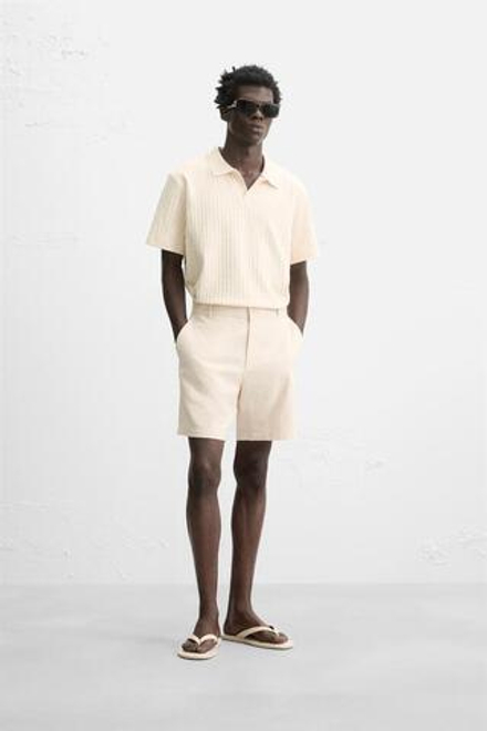 ZARA ШОРТЫ ИЗ ХЛОПКА И ЛЬНА, СВЕТЛО-БЕЖЕВЫЙ