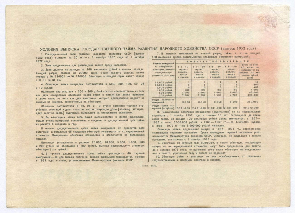 Облигация 10 рублей 1952 год. Серия № 136831. VG-F