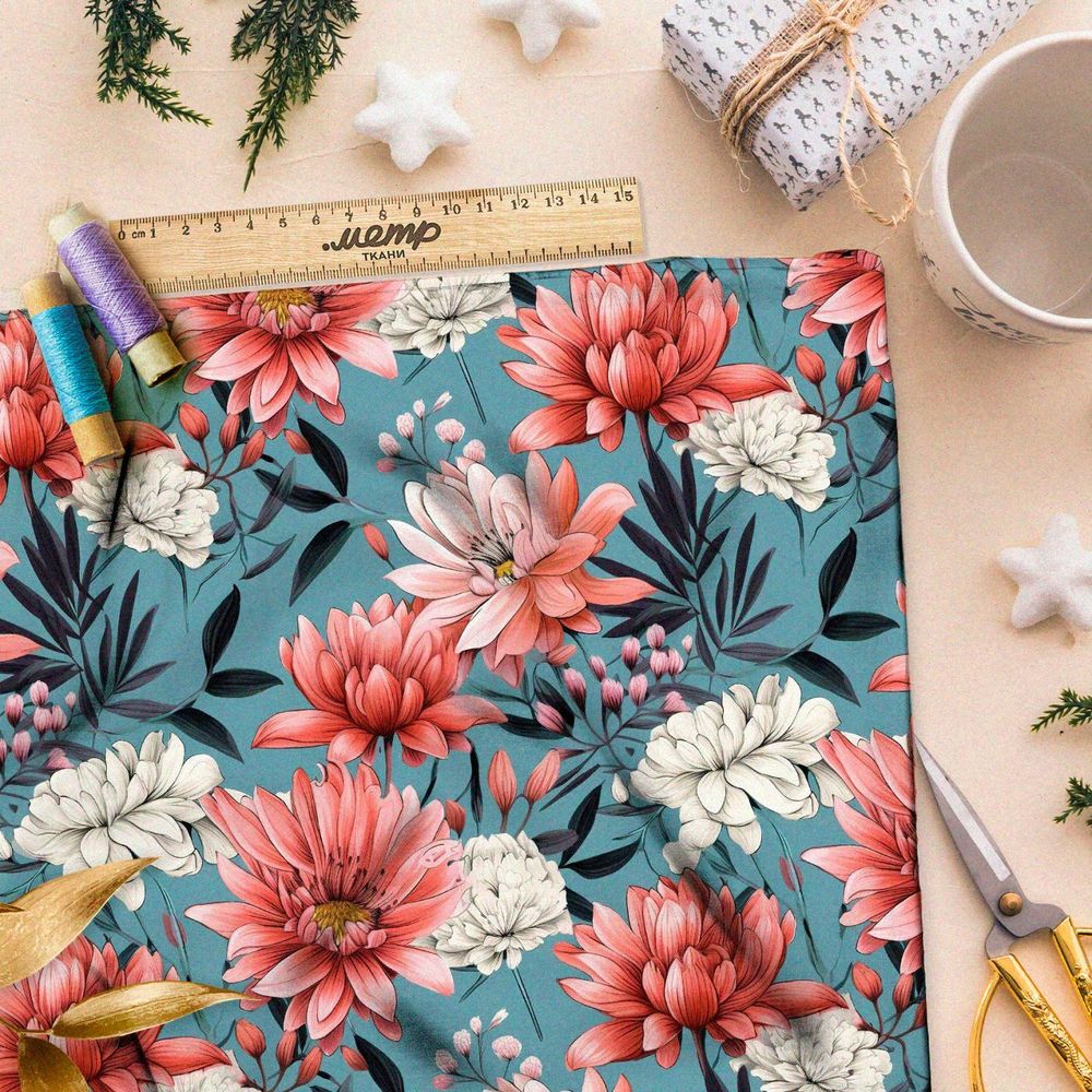 Ткань премиум сатин цветы на темно-голубом