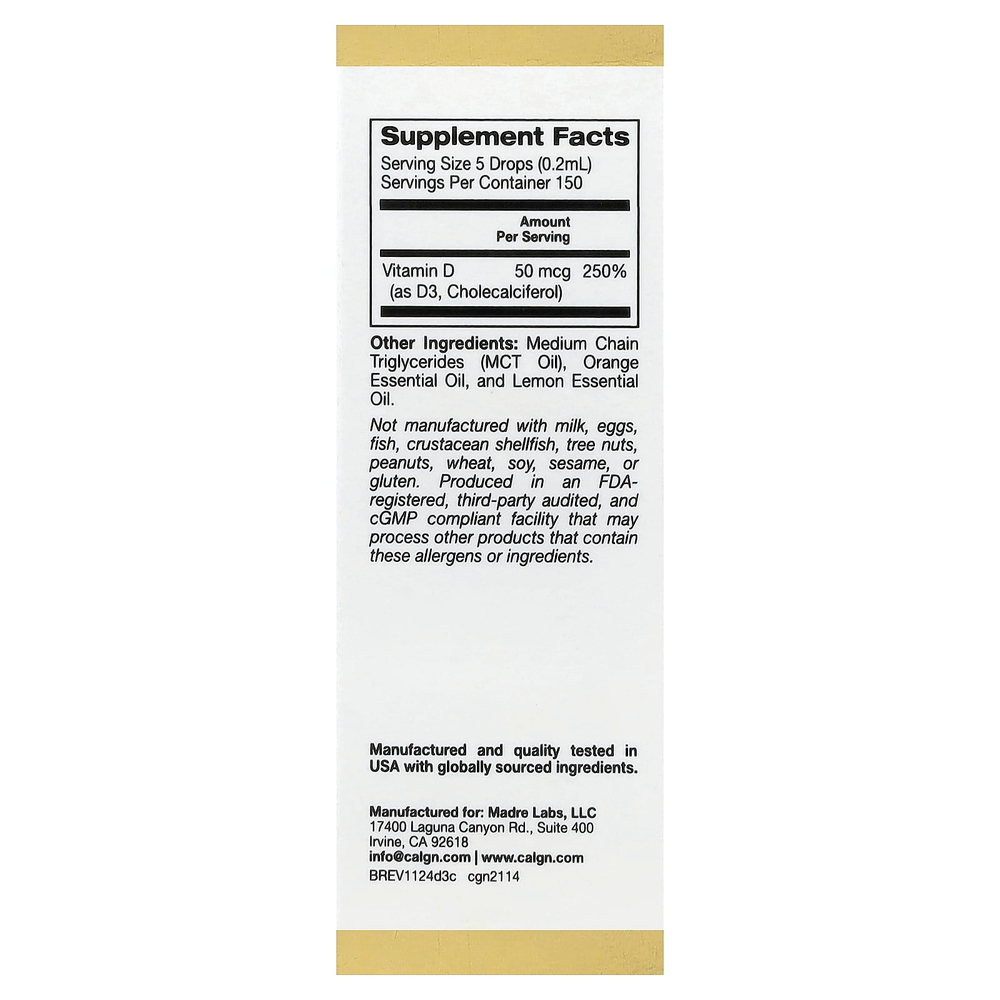 California Gold Nutrition, витамин D3, с цитрусовым вкусом, 50 мкг (2000 МЕ), 30 мл (1 жидк. унция)