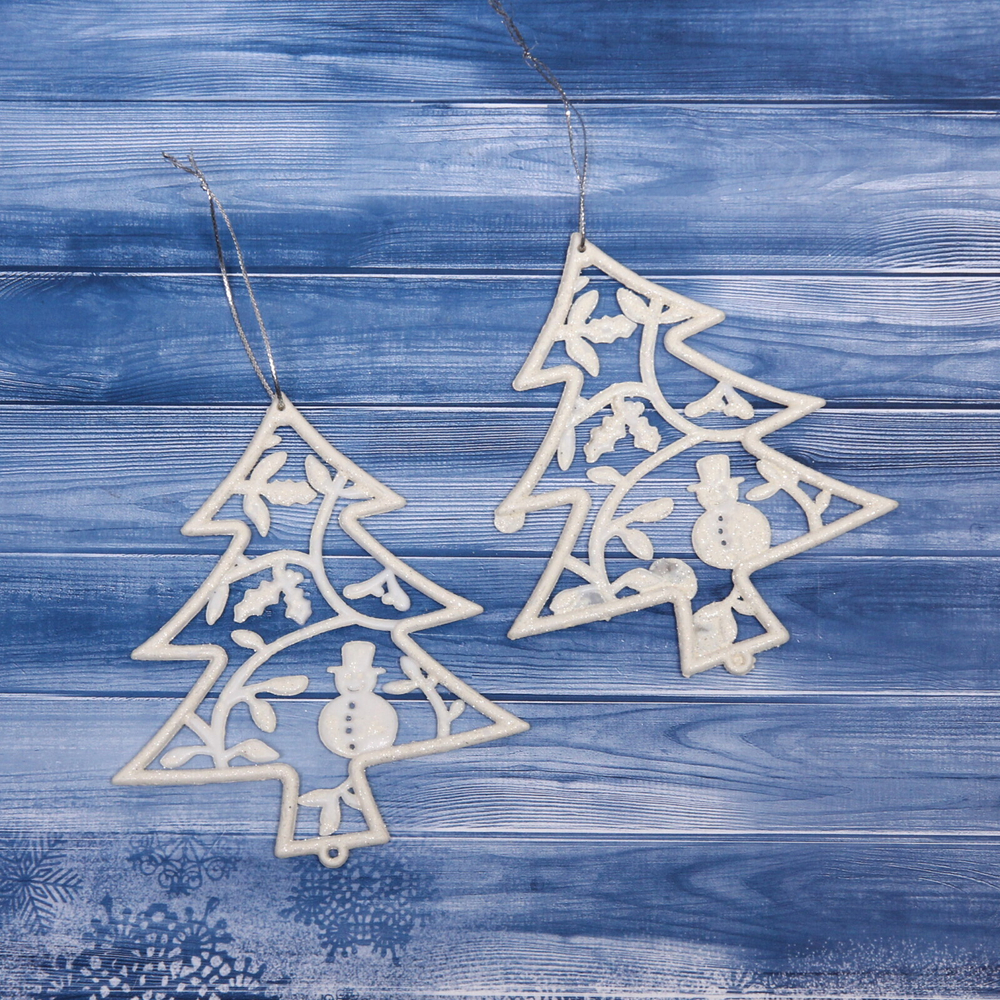 Подвески в блестках «Елочки новогодние» 12 см (набор 2шт), белый
