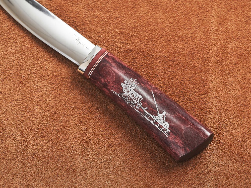 Якутский нож "Амга", сталь Х12МФ, рукоять гранатовая стабилизированная карельская береза / рисунок