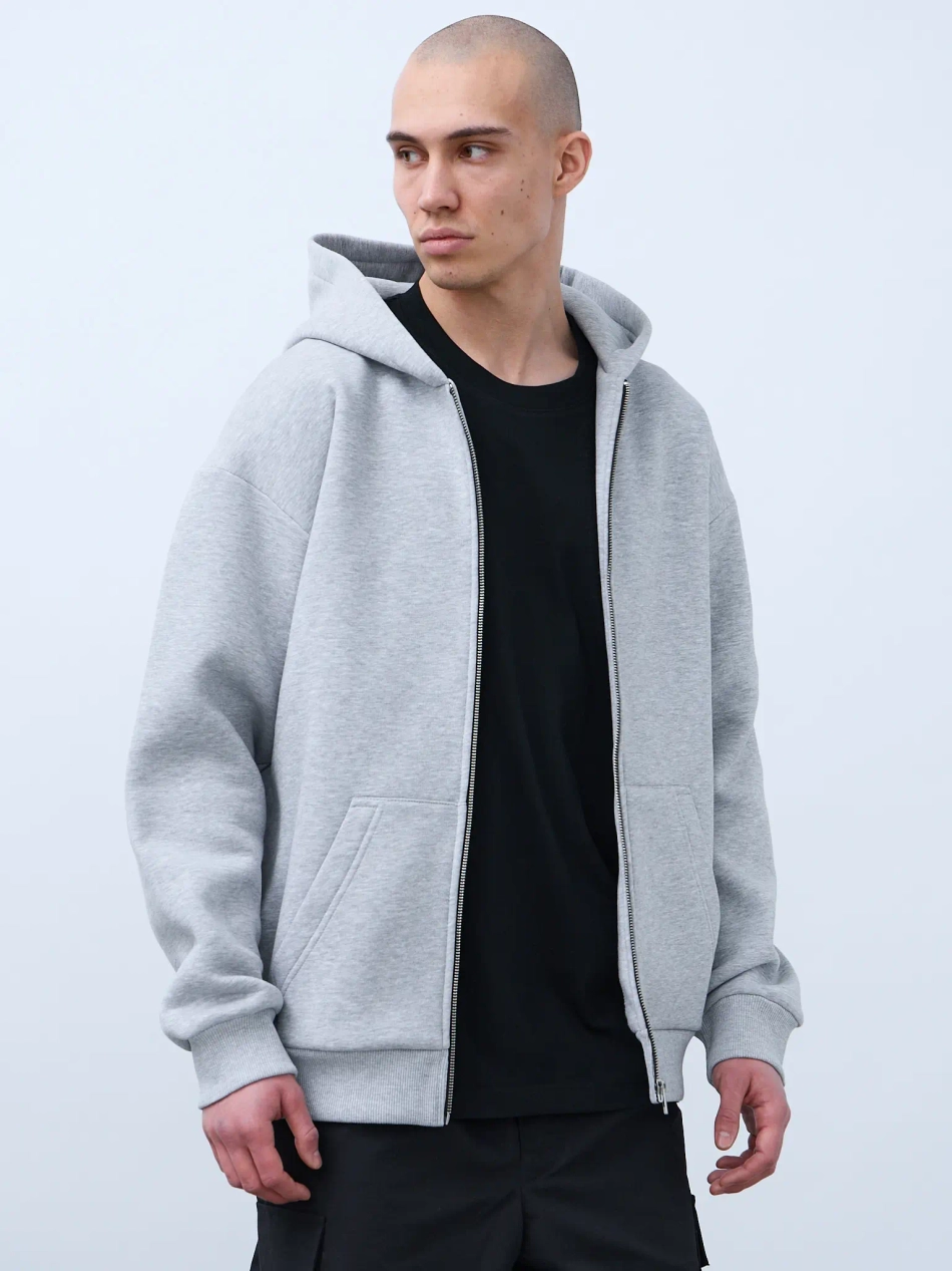 Худи оверсайз на молнии с начёсом (серый-меланж)
