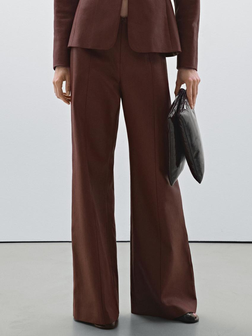 Massimo Dutti Брюки с широкими штанинами и деталями швов, коричневый