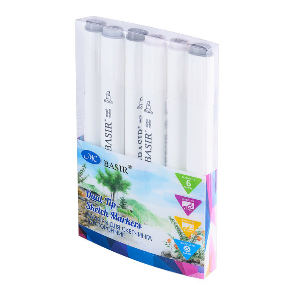 Маркер для скетчинга, двусторонние, Basir, серия "Холодные серые тона", трёхгранные, 14 мм, спиртовые, 6 шт