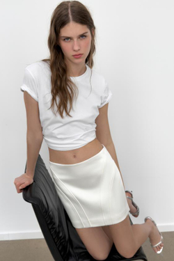 ZARA АТЛАСНАЯ МИНИ-ЮБКА, ЖЕЛТОВАТО-БЕЛЫЙ
