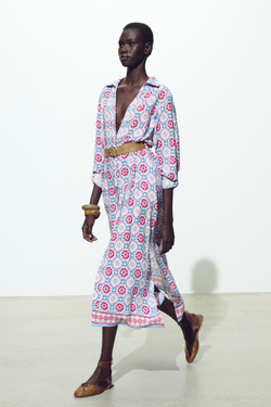 ZARA ПЛАТЬЕ МИДИ С ПРИНТОМ И ПОЯСОМ, РАЗНОЦВЕТНЫЙ