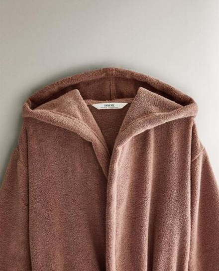 ZARA HOME ХЛОПКОВЫЙ ХАЛАТ С КАПЮШОНОМ, РОЗОВЫЙ