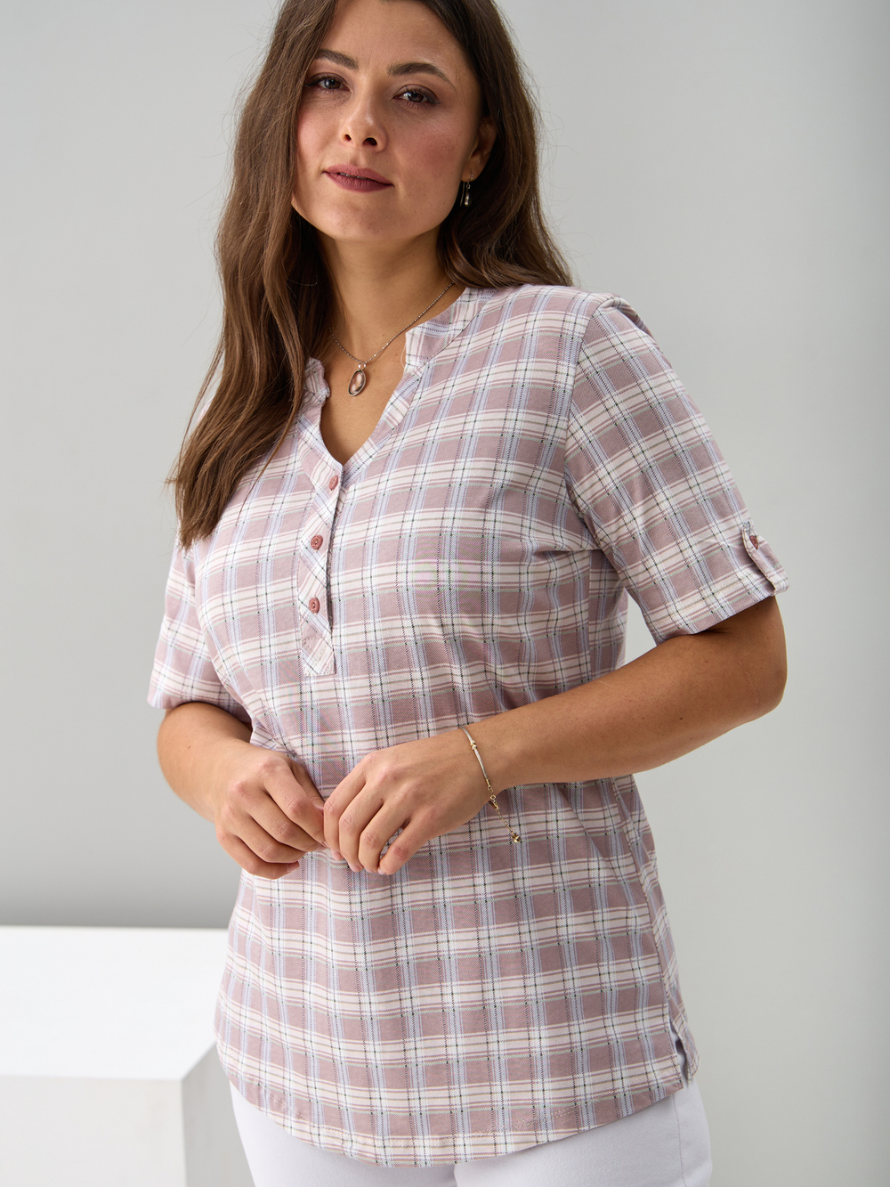 Блузка БЛ-122/клетка-бежевоголубая