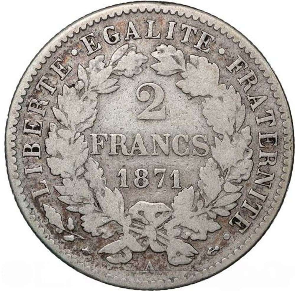 France, 2 Francs, 1871 – "Cérès" (Paris Mint), VF