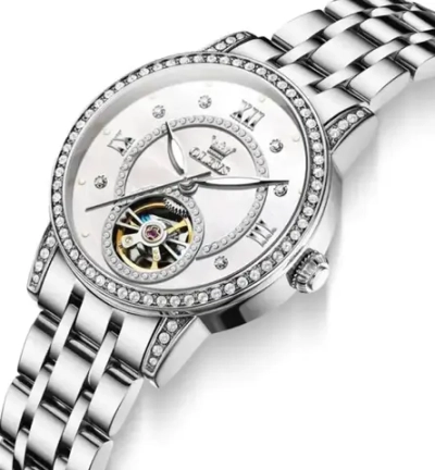 Часы наручные механические с автоподзаводом OLEVS на металлическом браслете, серебристо-золотистый/серебристый W10720-02