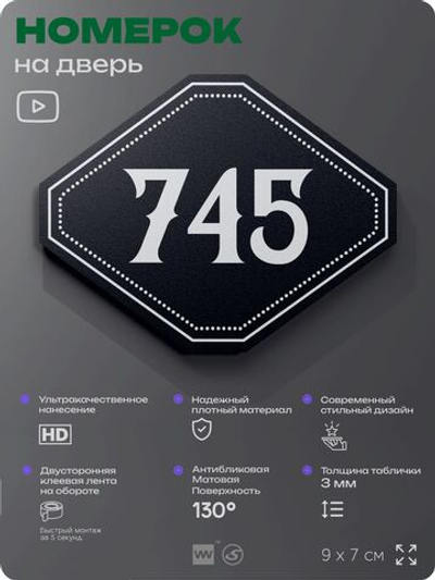 Номерок на дверь квартиры 745, для кабинета, офиса, шильдик 9 х 7 см, черный, Айдентика Технолоджи