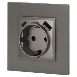 Розетка ЭРА Elegance 14-4108-16 2P+E 16A-250В со шторками с USB type-A+C 5В-3А титан | Эра Elegance