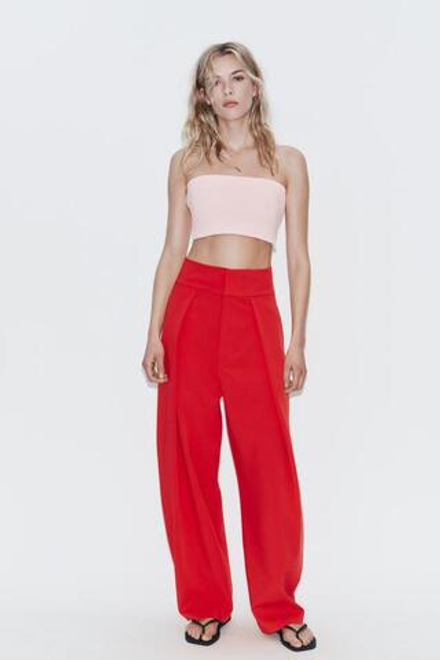 ZARA БРЮКИ BALLOON С ЗАЩИПАМИ, КРАСНЫЙ