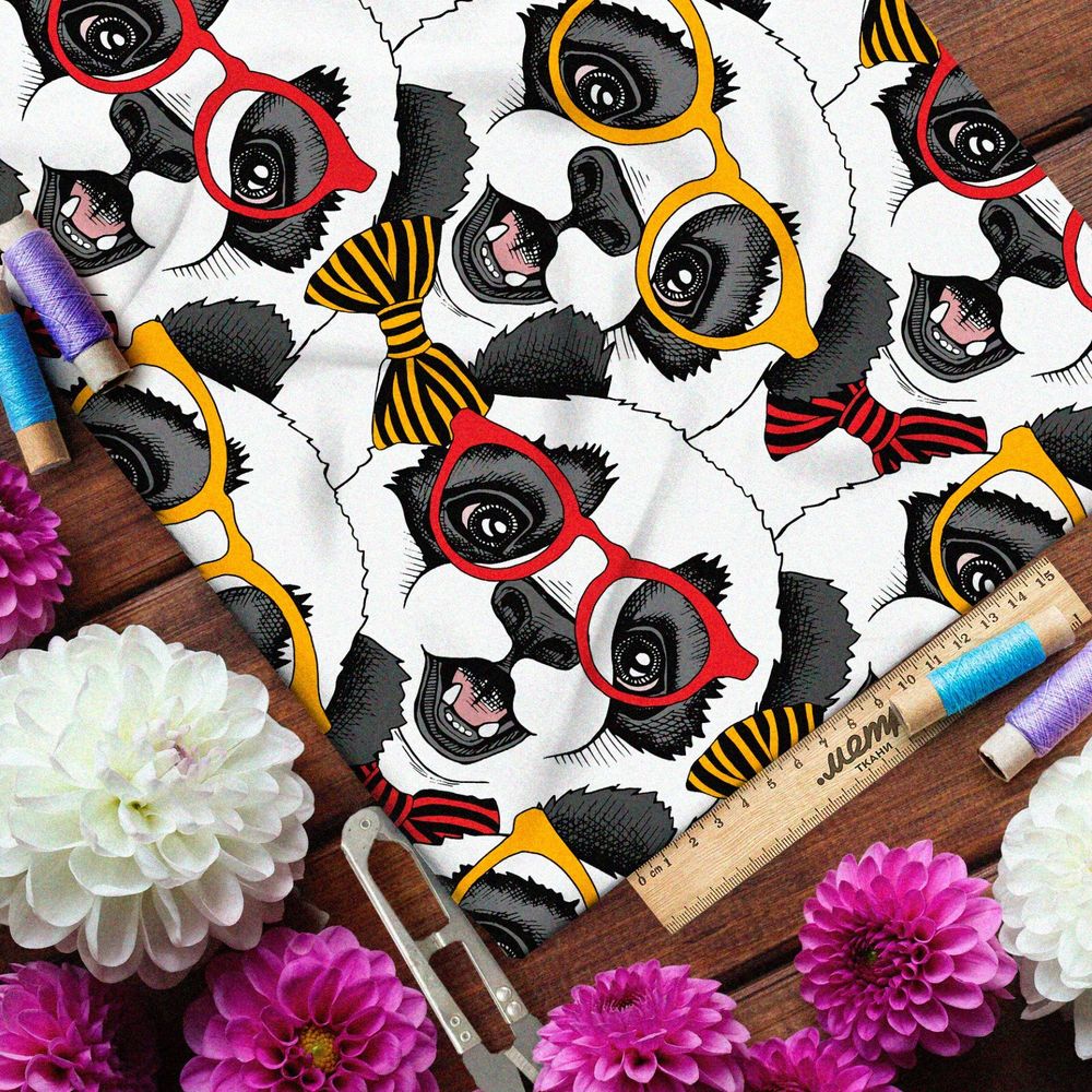 Ткань ниагара милые панды в разноцветных цветных очках