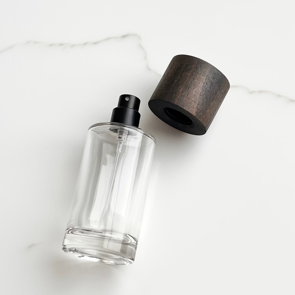5 КОМПЛЕКТОВ: Флакон FUN 50 ml, колпачок CYLINDER 40, дерево бук цвета черный уголь, спрей самозащелкивающийся с кольцом