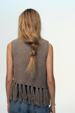 ZARA ТРИКОТАЖНЫЙ ТОП-ЖИЛЕТ С БАХРОМОЙ, СЕРОВАТО-КОРИЧНЕВЫЙ