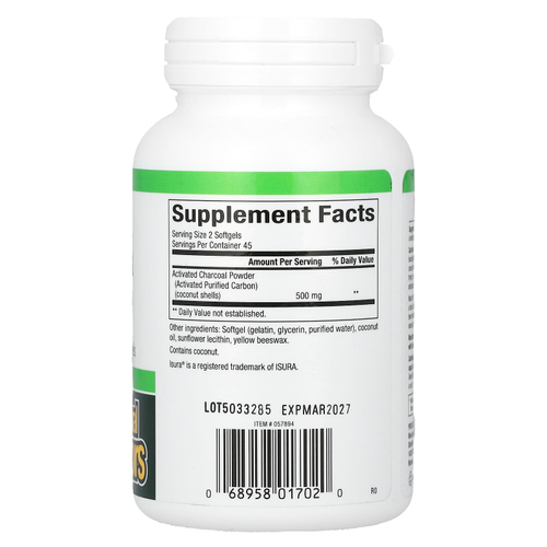 Natural Factors, Активированный уголь, 90 мягких таблеток (250 мг в каждой капсуле)