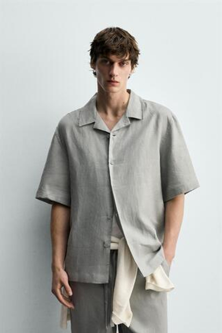 ZARА РУБАШКА RELAXED FIT ИЗ 100% ЛЬНА, СВЕТЛО-СЕРЫЙ