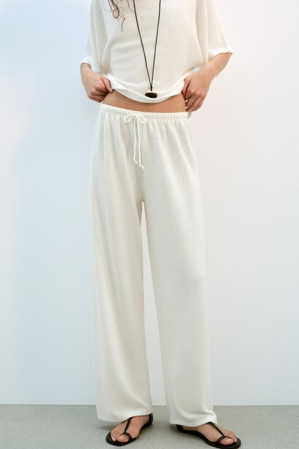 ZARA БРЮКИ WIDE LEG ИЗ ТКАНИ В ДЕРЕВЕНСКОМ СТИЛЕ, ЭКРЮ