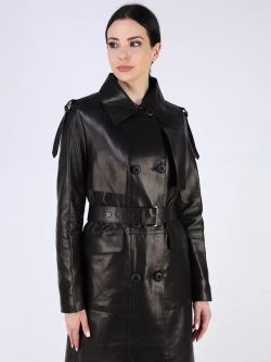 Кожаный тренч длинный с поясом плащ на осень