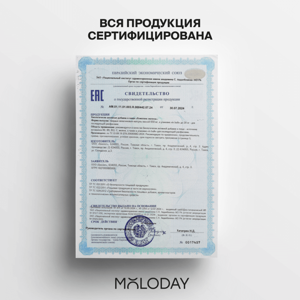 Комплекс железа Iron complex with vitamins, 60 капсул | MOLODAY