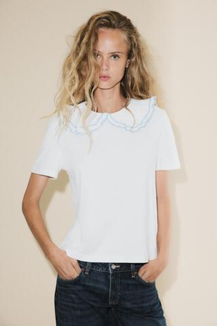 ZARA ФУТБОЛКА С КРУГЛЫМ ВОРОТНИКОМ, БЕЛЫЙ