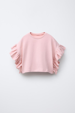 ZARA ФУТБОЛКА С ВОЛАНАМИ, ПУДРОВО-РОЗОВЫЙ