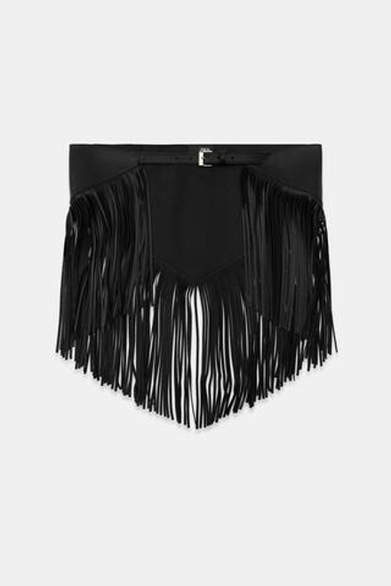 ZARA ТРЕУГОЛЬНЫЙ РЕМЕНЬ-ПЛАТОК ИЗ 100% КОЖИ С БАХРОМОЙ, ЧЕРНЫЙ