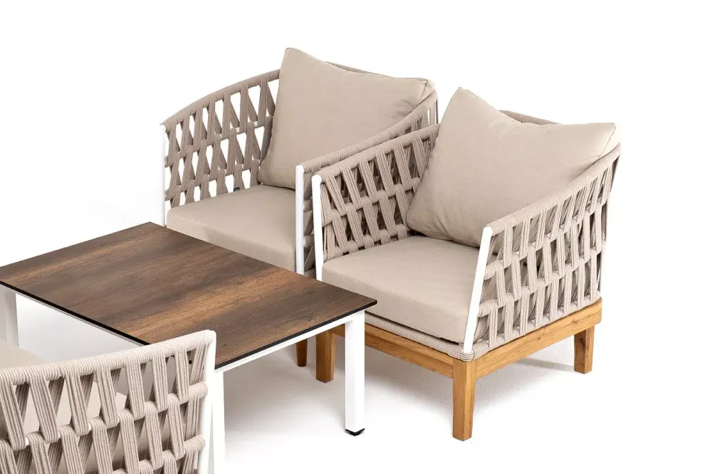 "Диего" лаунж-зона 4-местная плетеная из роупа со столиком "Канны" цвета "дуб", основание дуб, роуп бежевый