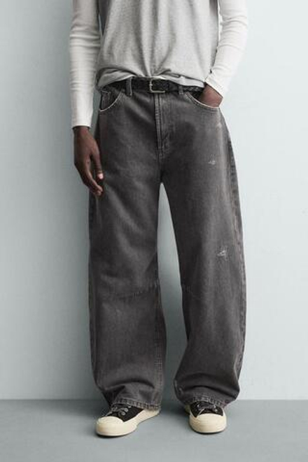 ZARA БРЮКИ BARREL FIT С ЭФФЕКТОМ ПОТЕРТОСТИ, ТЕМНО-СЕРЫЙ