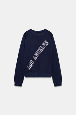 ZARA ТОЛСТОВКА С ТЕКСТОМ ИЗ ФОЛЬГИ, МОРСКОЙ СИНИЙ