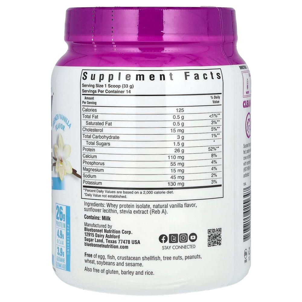Bluebonnet Nutrition, Изолят сывороточного протеина, французская ваниль, 1 фунт (462 г)