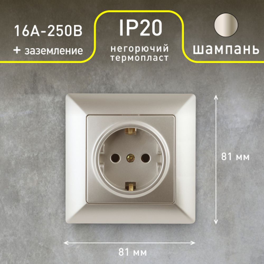 Розетка Intro Solo 4-202-04 с заземлением 2P+E Schuko, 16А-250В, IP20, СУ, шампань