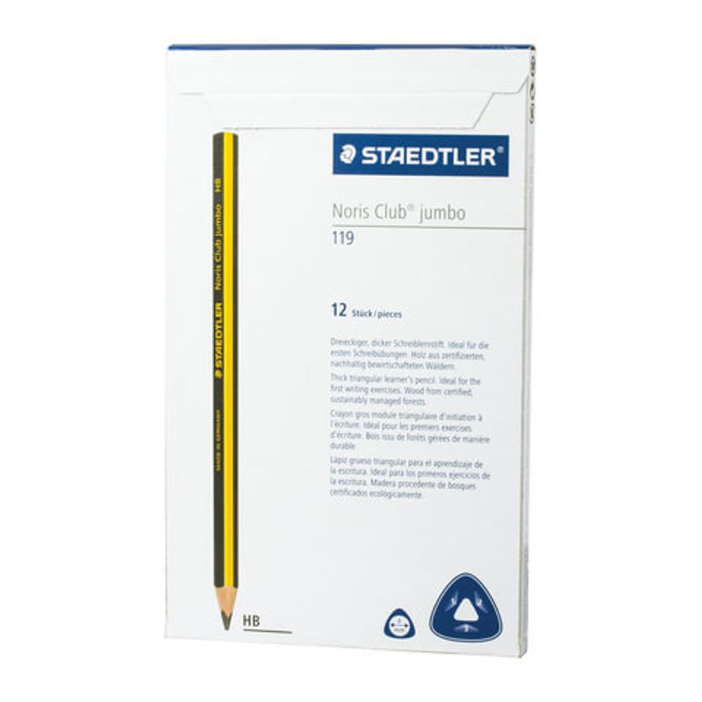 Карандаш чернографитный утолщенный STAEDTLER (Германия) 1 шт, "Noris Club", HB, трехгранный, без резинки, грифель 4 мм, заточенный, 119