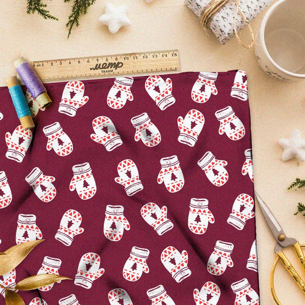 Ткань оксфорд 600 белые варежки на бордовом фоне