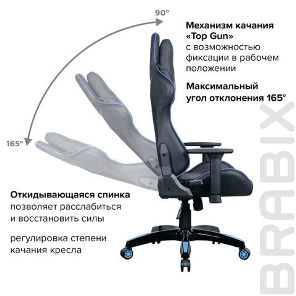 Кресло компьютерное BRABIX "GT Carbon GM-120", две подушки, экокожа, черное/синее, 531930