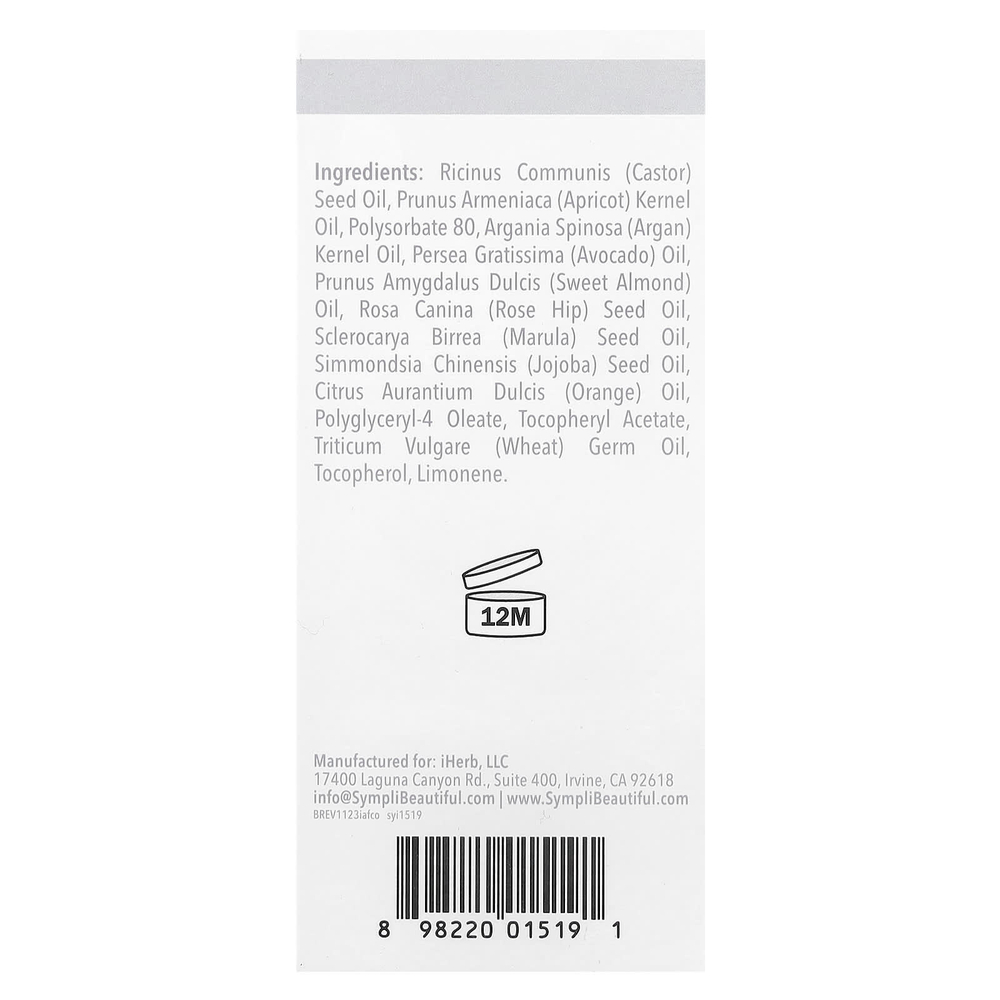 Sympli Beautiful, осветляющее и очищающее масло для лица с антиоксидантами, с маслами арганы, марулы, шиповника и апельсина, 30 мл (1 жидк. унция)