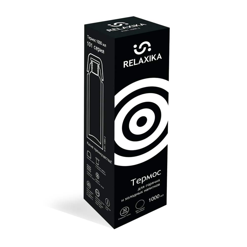 Термос Relaxika 101 (1 литр), черный (стикерпак "Красоты России")