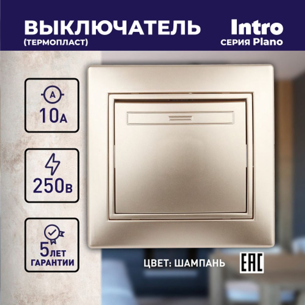 Выключатель Intro Plano 1-101-04 одноклавишный, 10А-250В, IP20, СУ, шампань
