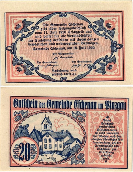 Австрия 20 геллеров 1920 Эшенау-им-Пинцгау aUNC